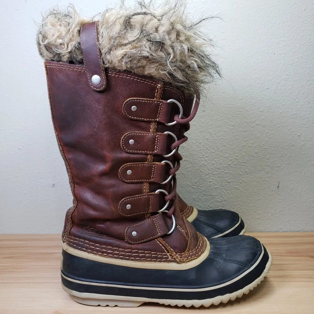 Sorel Joan Of Arctic Waterproof Winter Boots Fur Trim Tall Brown Cabincore Sz 8